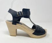 Sven Black Leather High Heel Wood Wooden Clogs Sandals Cleopatra womens 36 5.5 6
