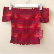 Rainbow Smocked Off The Shoulder Red Top