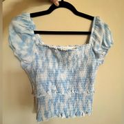 Lush Blue Swirl Smocked Ruffle Cap Sleeve Crop Top