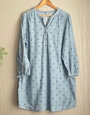 Tie-Sleeve Shirt Dress Chambray Denim Blue Polka Dot Size XL