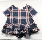 Loveriche navy blue red plaid check raffle cotton top szL bust38 us6