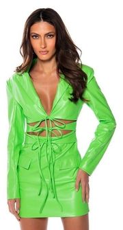 Akira Lime Neon Green Faux Leather Cut Out Detail Blazer Mini Dress Size Medium