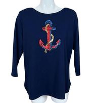 Sequined Nautical Anchor 3/4 Sleeve Top Size XL