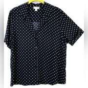 MAISON Jules Medium Button Front Short Sleeve Black Top with White Polka…