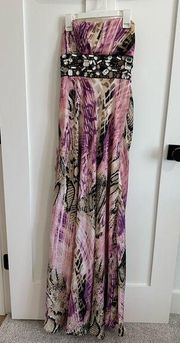 Strapless Purple Snake Skin Chiffon Maxi Formal Dress - Size 3