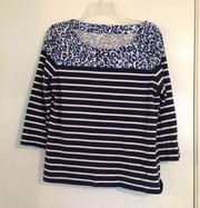 Talbots navy and white stripe animal print tee