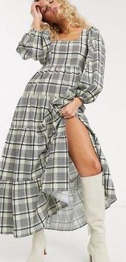 NWT Topshop Green Check Tiered Long Balloon Sleeve Midi Dress Size 10