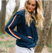 Zyia Active Navy Blue Rainbow Striped Sleeve Windbreaker Bomber Jacket