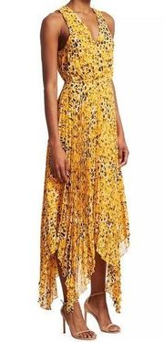 10 Crosby Derek Lam Sleeveless Animal Print Pleated Dress Gold Yellow