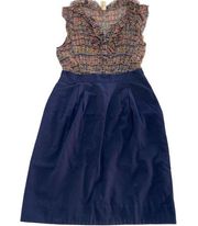 Maeve  Dress Womens 2 Blue Tan V-Neck Ruffle Sheer Mini Pocket Silk Anthropologie