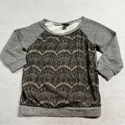 Wetseal Grey Black Lace 3/4 Sleeve Crewneck Sweatshirt Size XSmall EUC