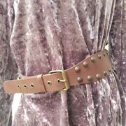 Express Womens Belt Size Medium Leather Brown Studded Bronze Hoop Connector