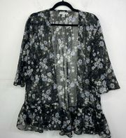 American Eagle Black Floral Short Sleeve Lightweight Ruffle Kimono Size L/XL