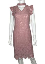 Bar III Women's Powdery Mauve Ruffle Cap Sleeve Lace Choker A-Line Dress sz M