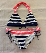 Body Glove Blue Coral‎ White Striped Teeny Bikini Size Large