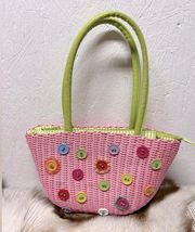 Two’s Company Pink green Wicker plastic Purse bag with multicolored buttons