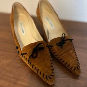 Manolo Blahnik Brown Black Stitched Suede Kitten Heels Size 8