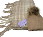 Madden Girl Warm Winter Hat and Fringe Scarf Gift Set Tan Plaid Neutrals NWT0