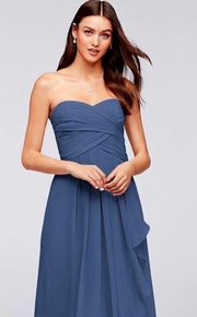 David’s Bridal Blue Chiffon Ruffle Strapless Bridesmaid Dress