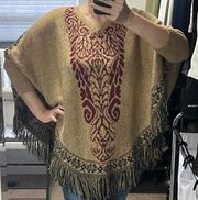 Reborn Demask V-Neck Poncho Sweater One Size Southwestern Aztec Fringe Cowgirl