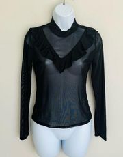 NWOT Sheer Ruffle Mock Neck Long Sleeve Top Black Women’s Large NEW