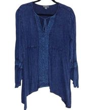 Market & Spruce Blue Shark Bite Hem Bell Sleeve Boho Rayon Blouse Size L…