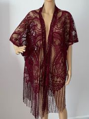 Burgundy / Wine Colored Lace Short Sleeved Kimono Size Small