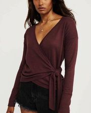 Maroon Red V Neck Waist Tie Long Sleeve Sweater Wrap Top