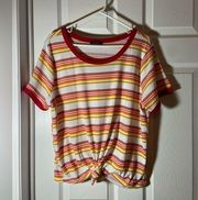 striped retro  90’s blouse shirt tee shirt crop front tie plus Sz 1Xl EUC