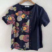 Misslook Navy Floral Contrast Block Button Detail Top Large