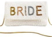 Francesca's Tonal Beaded Bride Foldover Purse Clutch Ivory Rose Gold Chain