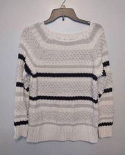 Lou & Grey Size S White Gray Black Striped Knit Sweater Textured