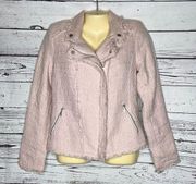 Belle Vere Size S Pink Tweed Fringe Trim Moto Blazer Jacket