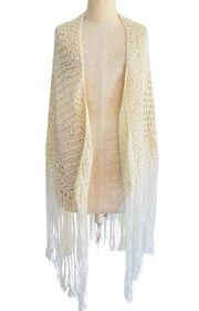 VTG 60's 70's Cream Knit Crochet Multi Pattern Fringe Wrap Shawl Dress Coverup