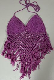 Purple Crochet Knit Tassel Halter Beach Swim Coverup Crop Top Shirt Size M 💜🏝️