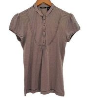 Mango Womens Top Brown Striped Button Front Band Collar Puff Sleeve Shirt