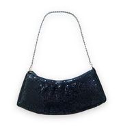 Vintage Cache Sequins Mini Bag Black Curved Baguette Evening Chain Drop Handle