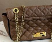 Betsey Johnson Beige & Black Gold Heart Studded Faux Leather Shoulder Bag