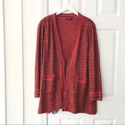 Misook Red Black Woven Tweed Chain Link Sleeve Cuff Neckline Open Cardigan XL