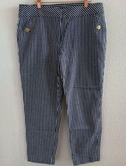 Ann Klein Striped Crop Railroad Blue and White Career Professional Work Pants 14