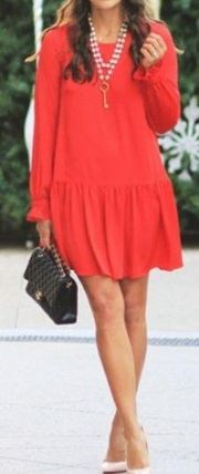 Milly Red Ruffle Silk Blend Dress Long Sleeves