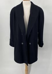 Vintage Wool Peacoat Double Breasted Buttons Down Printed Lining Black Womens XL