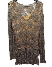 Joseph A Bronze Tan Medallion Crochet Overlay Lined Long Sleeve Top Size XL