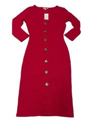 Ultra Flirt Dress Womens Small Red Long Sleeve Button Up Midi Round Neck Ribbed
