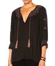 . The Promenade Top 0 XS Black Multicolor Embroidery Tassel Flowy Boho