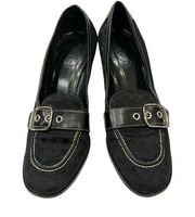 Coach black heels. With popular ‘C’ logo on top and leather strap, silver buckle