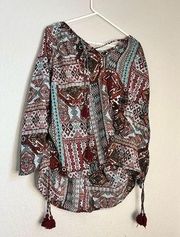 Miss Me Women Top Large Brown Blouse Boho Aztec Navajo Tribal Long Sleeve