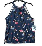 Market Spruce Womens Halter Tank Top Size M Navy Blue Multicolor Floral Cottage