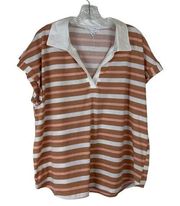 Jane and Delancey Striped Shirt Short Sleeve V-Neck Tan Pink Womens Sz XL