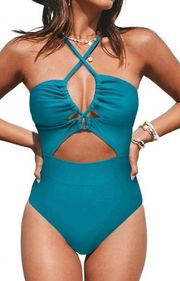 NWT CUPSHE One Piece Swimsuit Plunge Neckline Cutout Criss Cross teal size M